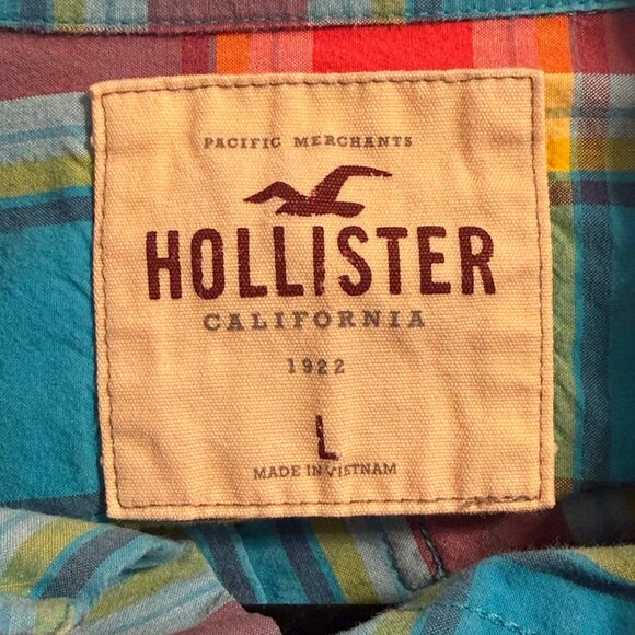 Hollister Men’s Classic Blue & Red Plaid Button Down Shirt – Size L - Picture 3 of 7